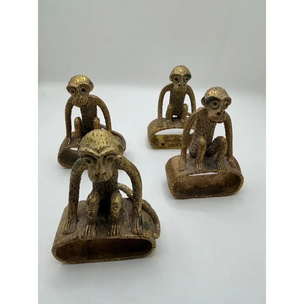 Vintage Brass Monkey Napkin Rings Set of 4 Heavy Cast Metal Figural Table Decor